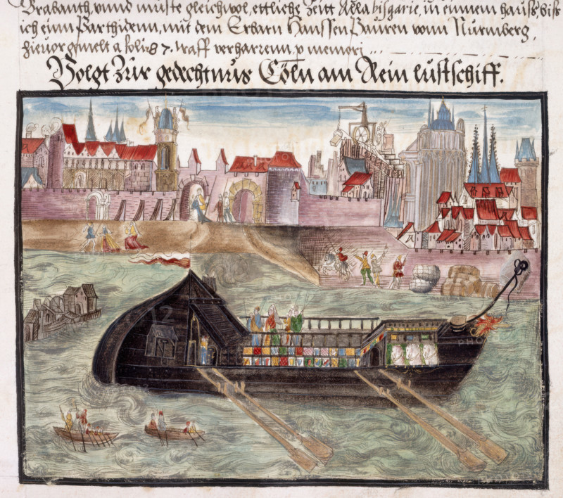 A pleasure boat on the River Rhine at Cologne, 1560-1632.. From Memoirs Biographical Notes and Poems etc of the Coeler Family of Nuremberg.