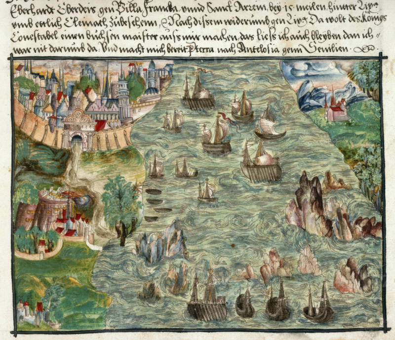 View of Lisbon, with ships tossed about in the treacherous waters of the inlet, 1560-1632. From Memoirs Biographical Notes and Poems etc of the Coeler Family, of Nuremberg.