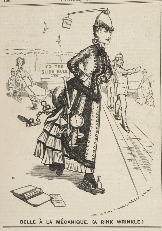 Belle à la mécanique. (A rink wrinkle), 1875. A cartoon showing a woman standing on a model train, with various mechanical  instruments attached to her.. From Punch Or The London Charivari.