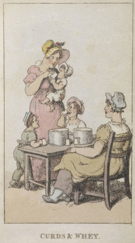 Curds & whey', 1820. A mother feeding her child.' . From Rowlandsons Characteristic Sketches Of The Lower Orders Intended As A Companion To The New Picture Of London Consisting Of Fifty Four Plates  Coloured.