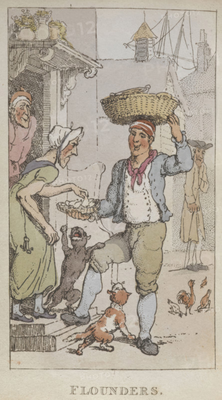 'Flounders'. A trader selling fish., 1820. From Rowlandsons Characteristic Sketches Of The Lower Orders Intended As A Companion To The New Picture Of London Consisting Of Fifty Four Plates  Coloured.