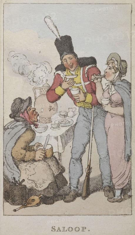 'Saloop', a popular beverage of the 18th century, 1820. Salop was served in coffee houses as an alternative to coffee or chocolate; and salop-vendors peddled the drink in the streets, or sold it from booths. In this picture a soldier is enjoying a cup. From Rowlandsons Characteristic Sketches Of The Lower Orders Intended As A Companion To The New Picture Of London Consisting Of Fifty Four Plates  Coloured.