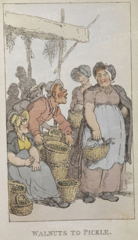 'Walnuts to pickle', 1820. Street traders selling pickled walnuts. From Rowlandsons Characteristic Sketches Of The Lower Orders Intended As A Companion To The New Picture Of London Consisting Of Fifty Four Plates  Coloured.