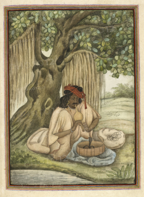 A snake-charmer of the Sapera caste, 1825. From Tashrih Al Aqvam An Account Of Origins And Occupations Of Some Of The Sects Castes And Tribes Of India.
