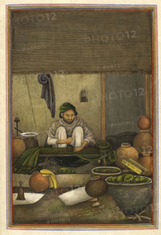Chipi (or chimba), a cloth printer, printing green cloth with a red geometric design, 1825. From Tashrih Al Aqvam An Account Of Origins And Occupations Of Some Of The Sects Castes And Tribes Of India.