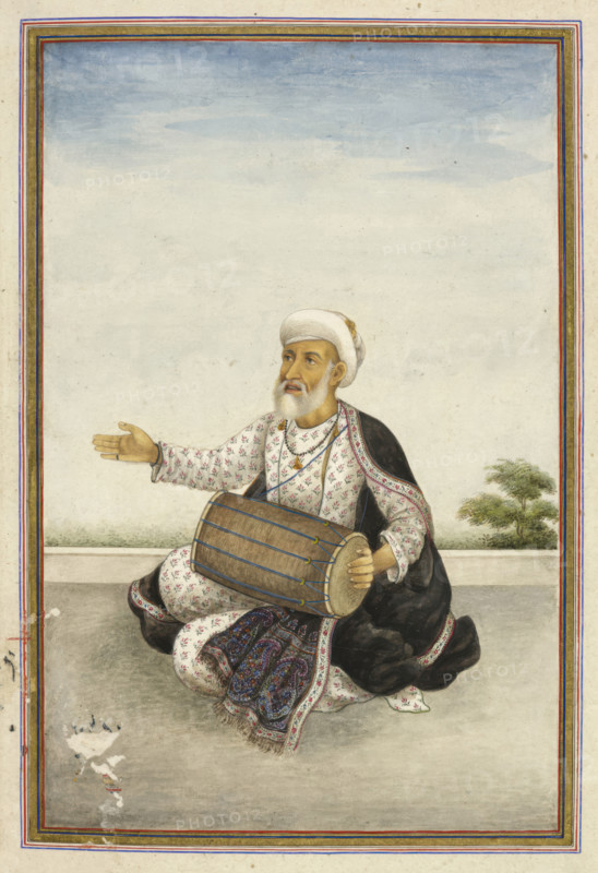 Kavval’, a sub-caste of the large Muslim caste of ‘Mirasis’ or singer/genealogists - A man beating a drum, 1825. From Tashrih Al Aqvam An Account Of Origins And Occupations Of Some Of The Sects Castes And Tribes Of India.