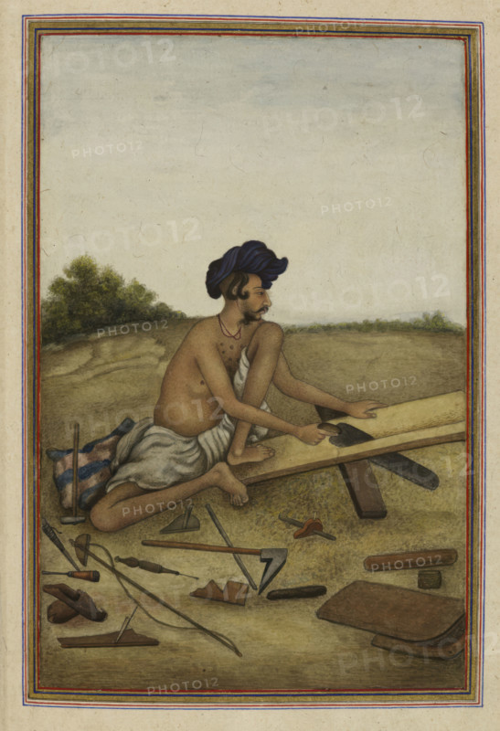 Khati or Tarkhan, carpenter caste of the Panjab - Man sawing a plank, 1825 . From Tashrih Al Aqvam An Account Of Origins And Occupations Of Some Of The Sects Castes And Tribes Of India.
