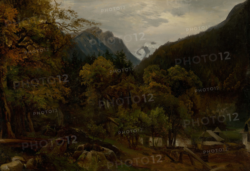 Mountain landscape with wooden huts, c1860.