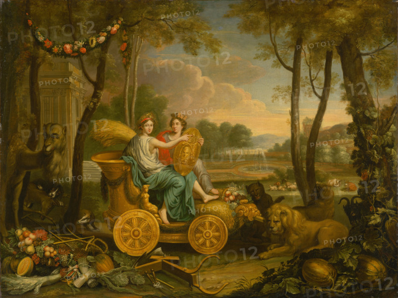 Apotheosis of Louis XIV, 1660-1690. The King of France, wearing a miniature castle on his head, sits in a chariot holding a golden shield. Beside him sits a female figure crowned with ears of wheat and holding a sheaf of corn. Around them are agricultural implements, an abundance of fruit and vegetables, a lion, a black panther, and a goat.