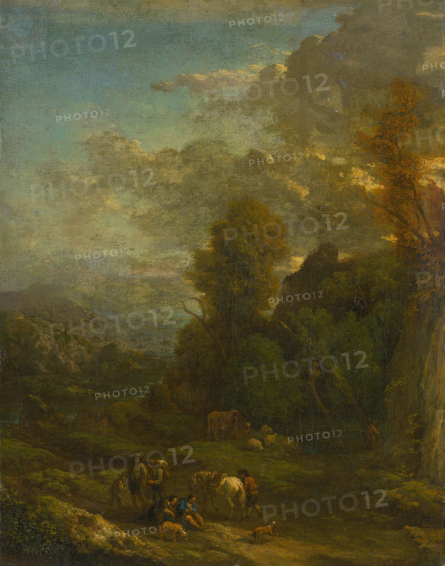 Evening landscape with travellers, c1700.
