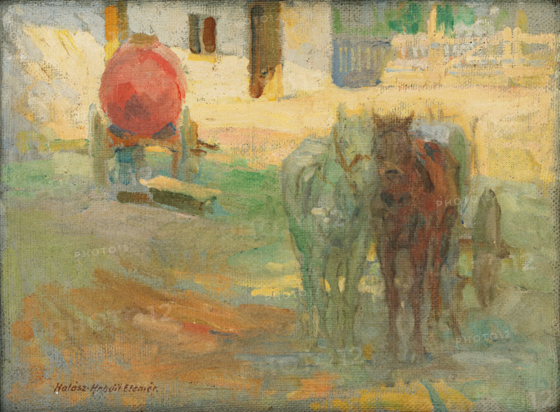 Farmyard with yoked horses, 1908.