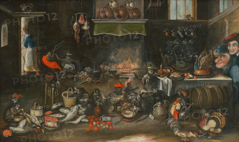 Monkeys in the Kitchen, 1620-1640. Monkeys eating, drinking, playing, smoking, and helping themselves to beer from a barrel. On the right is a peacock pie.