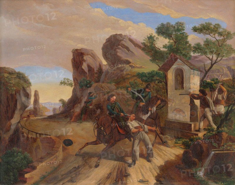 Bandit Ambush, 1847-1850. Travellers are attacked near a roadside shrine.