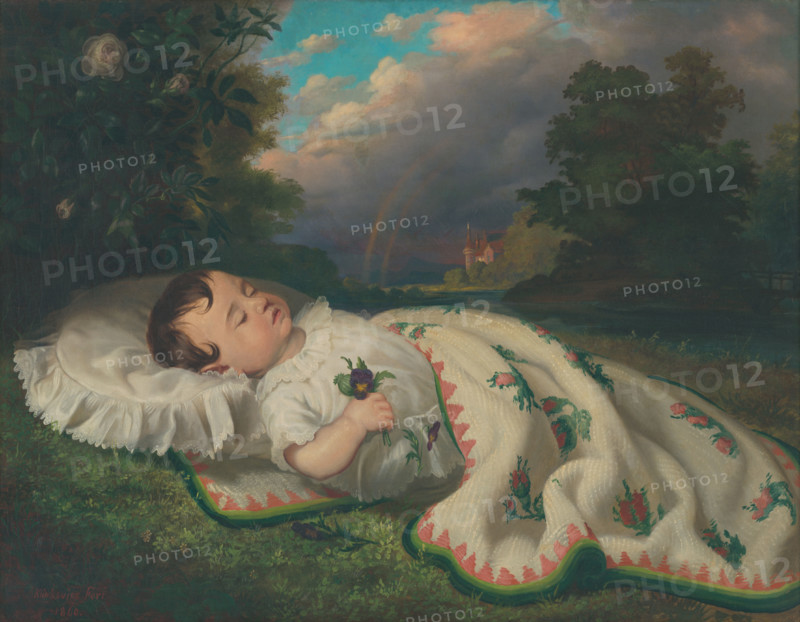 Child in the countryside, 1860. A baby clutching a pansy lies sleeping under a blanket. In the distance are dark clouds and a double rainbow.