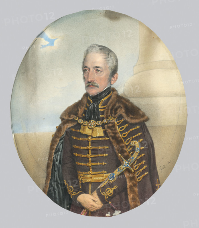 Portrait of a nobleman with a sword, 1842. Man wearing a fur cloak fastened with a gold clasp.