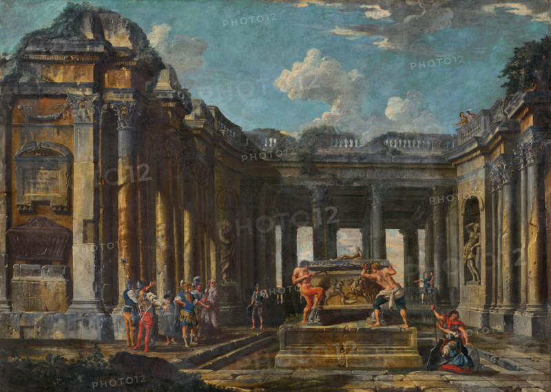 Scene from Roman history in antique ruins, 1730-1750.