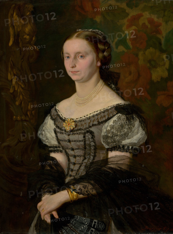 Portrait of Terézia Ujházy (née Prissnitzová), 1868. Woman wearing a pearl necklace and a puff-sleeved dress with ruched bodice, and a sheer black shawl.