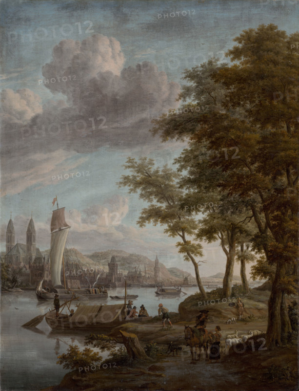 City on a river, 1651-1700. A shepherdess offers a traveller a drink in the foreground. Sailing barges carry cargo up and down the river.