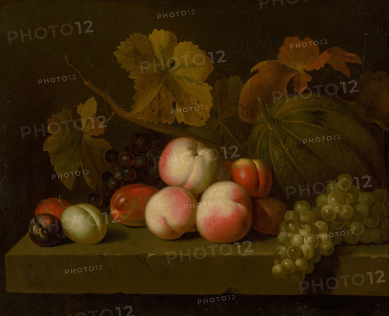 Still Life with Peaches, Grapes, Plums, and Melon, around 1710.