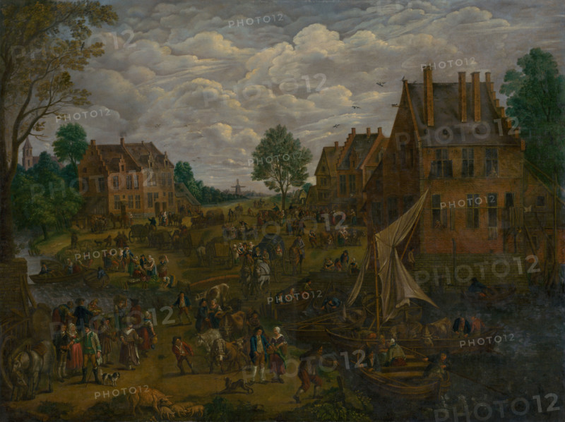 Dutch Market, 1750-1800. Busy scene with cows, pigs and sheep for sale, people arriving by boat with livestock, and women selling vegetables.