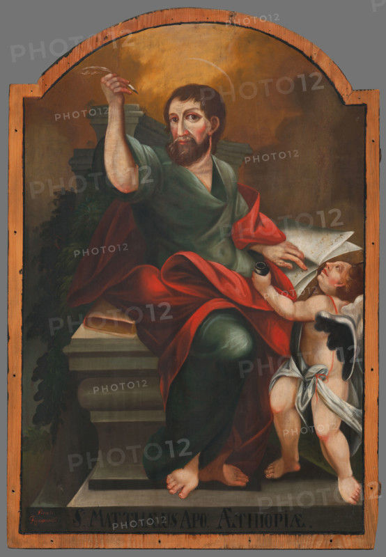 St. Matthew, 1790-1820. A cherub holds the inkwell as the saint uses a quill pen to write his gospel.