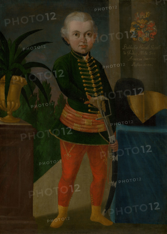 Baltazár Horváth-Stancic aged two years and ten months, c1750. Boy in military uniform preparing to draw a sword.