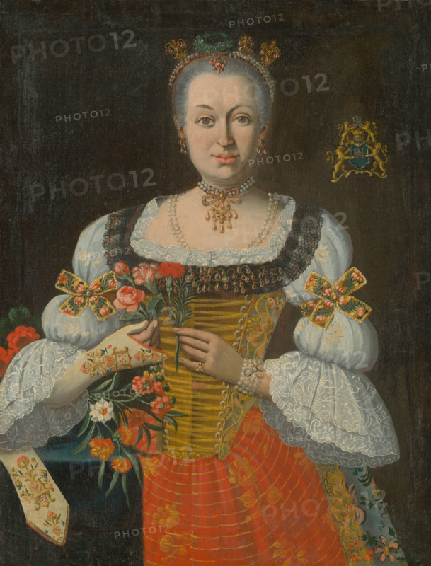 Johanna Zuzana Horváth-Stanithová, c1750. Wealthy woman wearing pearl hair decorations, a pearl bracelet, and a pearl necklace with a gold pendant. Her embroidered dress is trimmed with lace and ribbons, and she holds roses and carnations in one gloved hand.