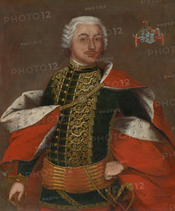 Portrait of a zeman in ceremonial costume, c1740. Young man wearing an ermine-lined cloak and military uniform with gold embroidery.