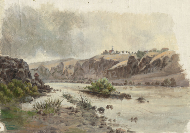 Church on a bank above a river, 1860-1900.