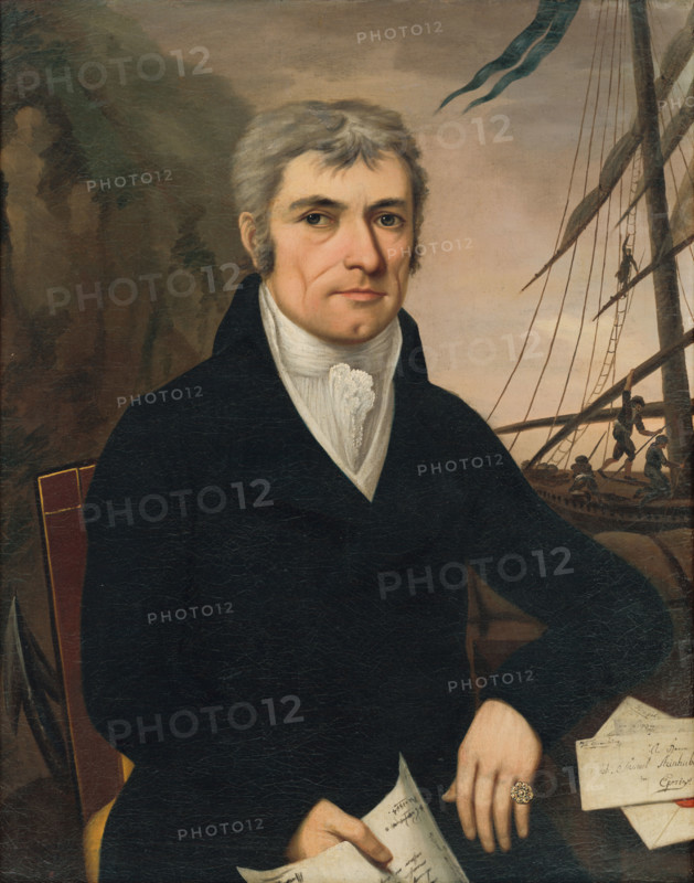 Portrait of Johannes Samuel Steinhübel, 1815. Businessman with documents and letters. In the background is a cargo ship.