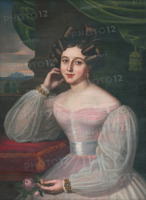 Portrait of a young woman in a pink dress, holding a rose, 1829.