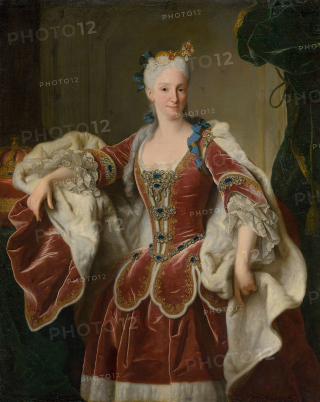 Elisabeth Farnese, 1723. Elisabetta Farnese (1692-1766) was Queen of Spain by marriage to King Philip V. She was the de facto ruler of Spain from 1714 until 1746, and from 1759 to 1760, she governed as regent. She wears a jewel-encrusted velvet dress with lace-trimmed sleeves, a fur-lined cloak, and a confident smile.