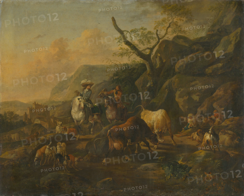 Landscape with huntsmen, 1660-1678. Horsemen and their dogs pass by as two cows lock horns, watched by peasants.
