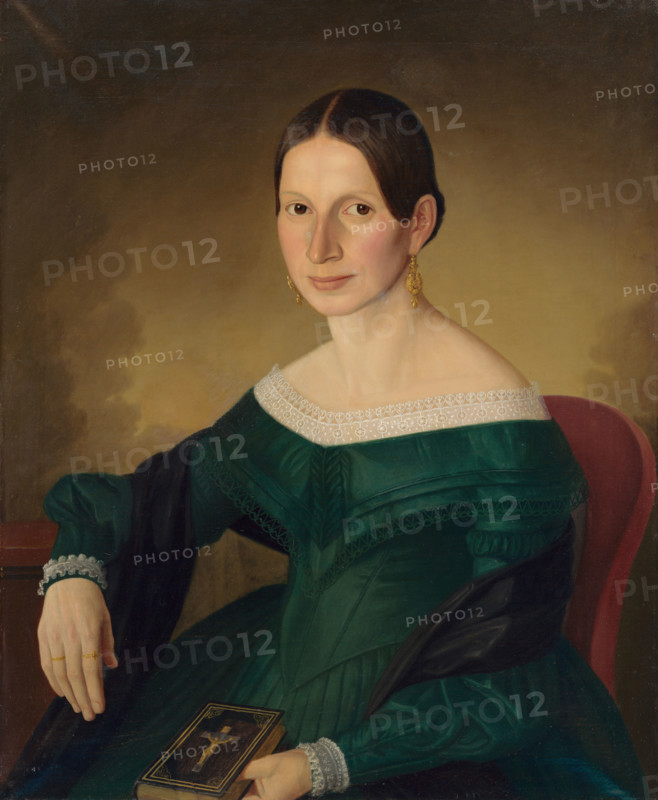 Portrait of Mrs. Juppová, 1845. Woman in a lace-trimmed dress holding a bible.