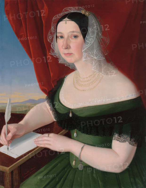 Portrait of Zofia Brezovická from Brezovica and Velká Lomnica, 1845. Woman writing a letter with a quill pen.