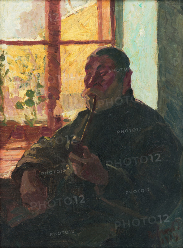 Old man with a pipe by window, 1914.