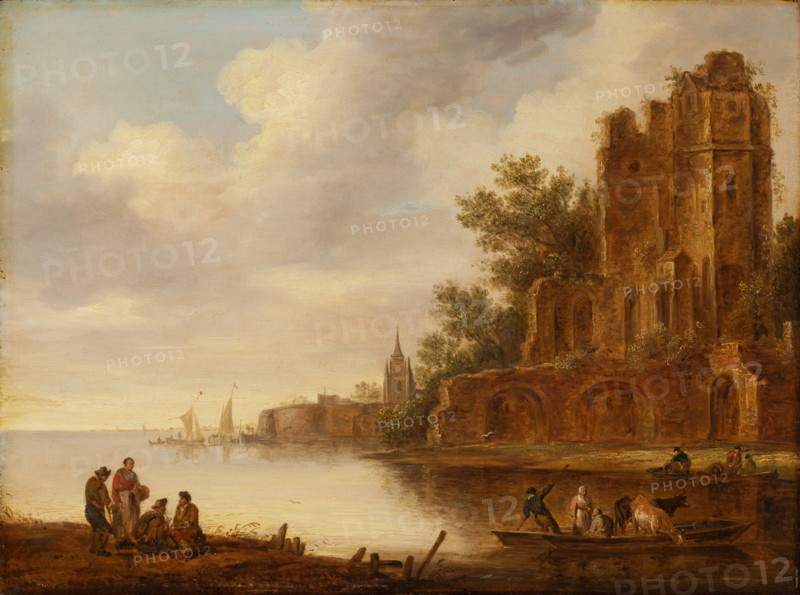 Coastal landscape with ruin, 1635-1646. Ferrying cows across a river.
