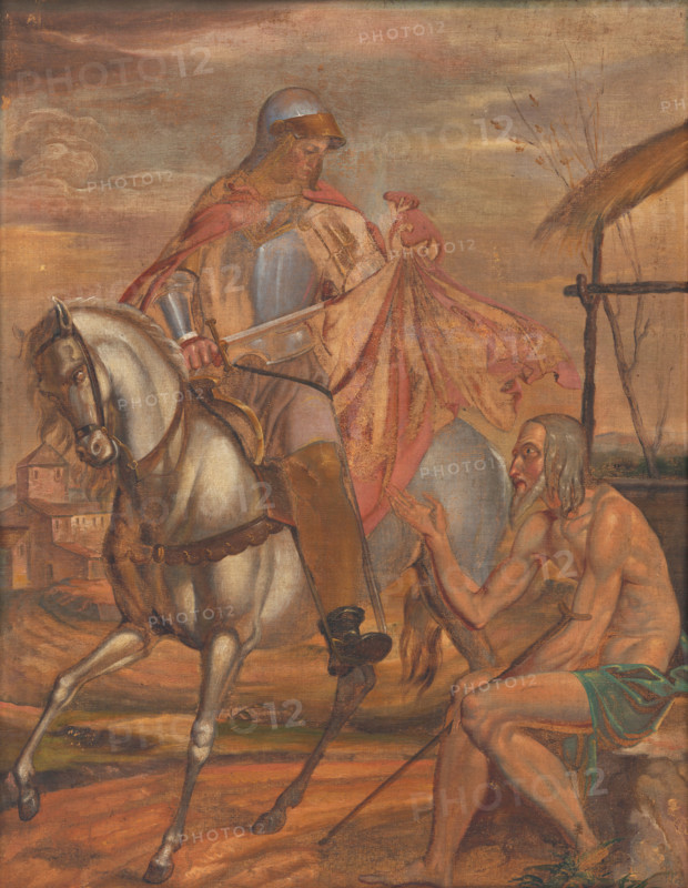St. Martin, 1840-1860. The saint cuts his cloak in two with his sword and gives one half to a naked beggar.