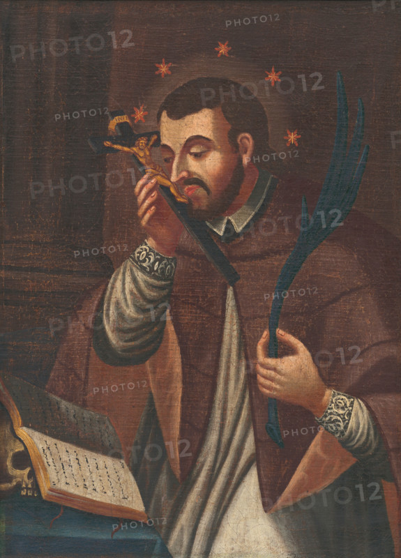 St. John of Nepomuk, 1785-1800. The saint kisses a crucifix in his right hand, and holds a palm frond in his left.