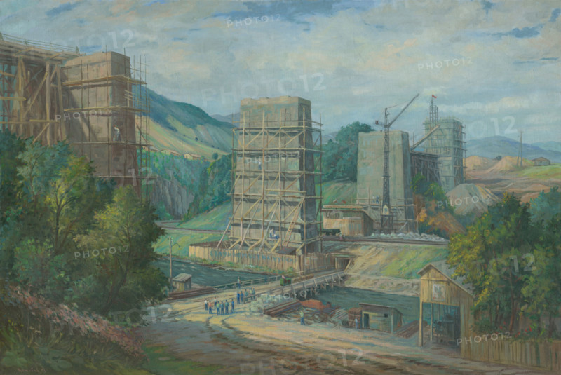 Viaduct construction near Ruzín, 1953. The highest railway bridge in Slovakia,  40 metres above the water's surface. It connects the banks of the surge tank at Malá Lodina. Completed in 1954, it is 280 metres long and spans a railway line.