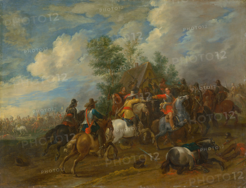 Cavalry skirmish, 1654. Battle scene: two horsemen fire at each other from close range. In the foreground an injured horse lies bleeding.