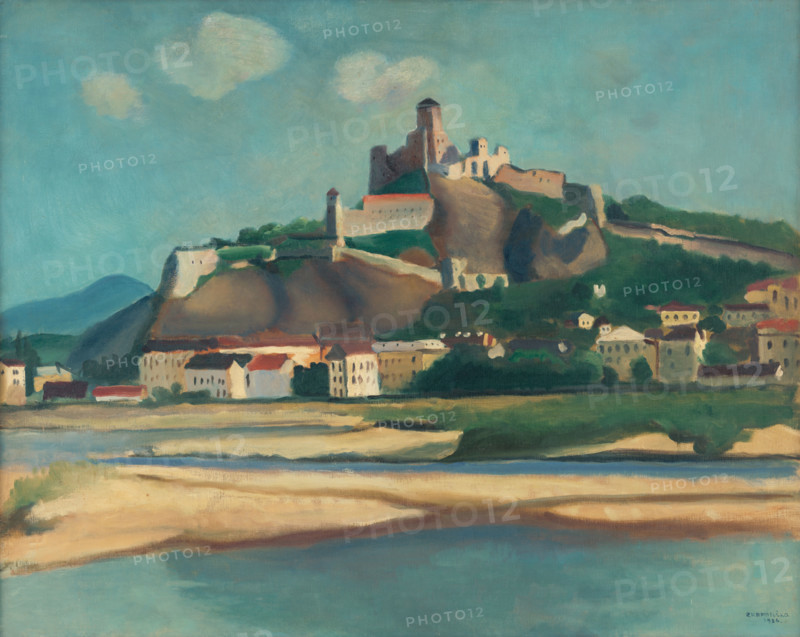 Trencín, 1926. View of the castle and town on the Vah River in western Slovakia.
