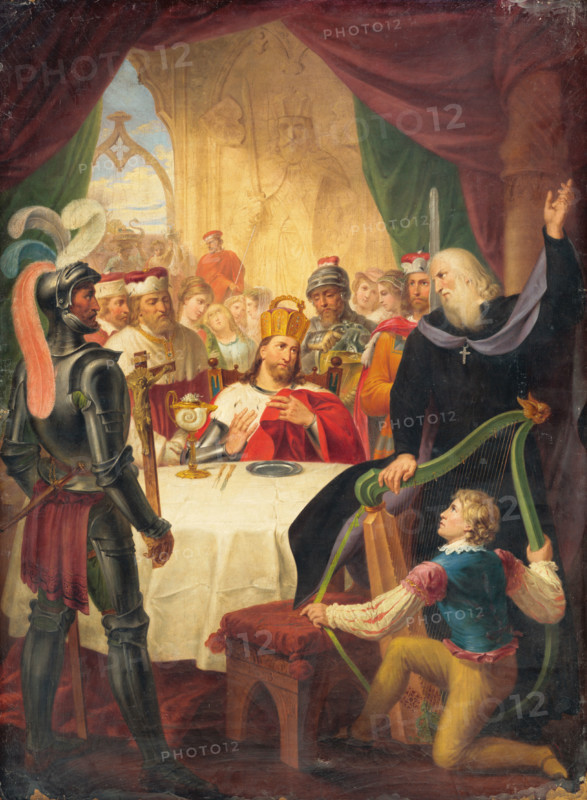 Historical Scene II, 1824. A king or emperor (Kaiser Rudolf I?), holds court, surrounded by soldiers and priests. On the table is a gold nautilus cup.