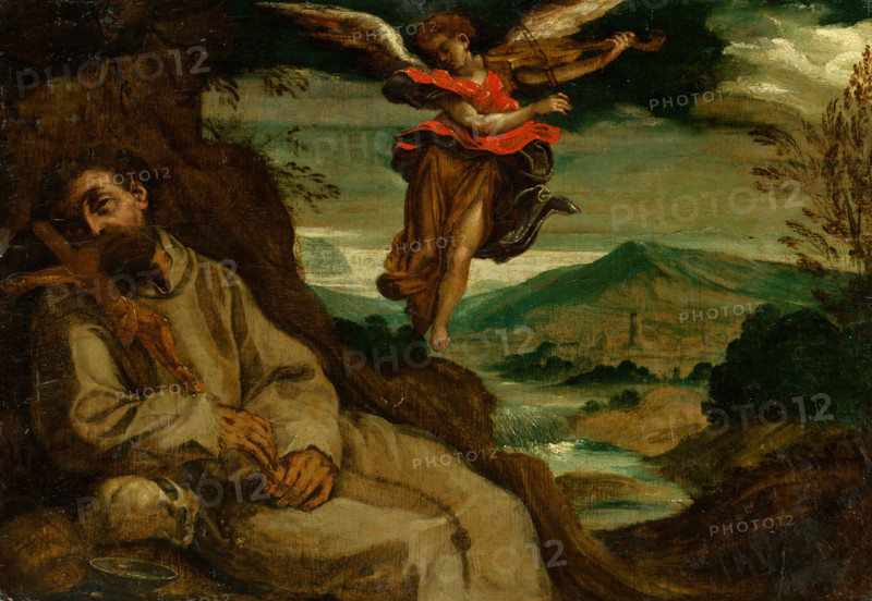 St. Francis comforted by an angel, 1600-1620. The angel plays the violin as Francis reclines with a crucifix, his arm resting on a skull.