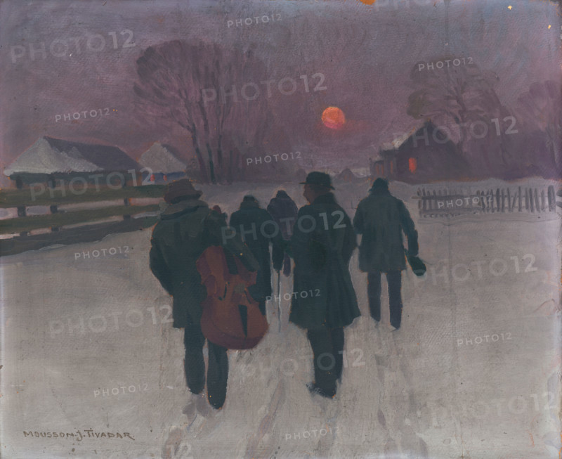 Musicians Returning in the Early Morning through Snowed Landscape, around 1920.