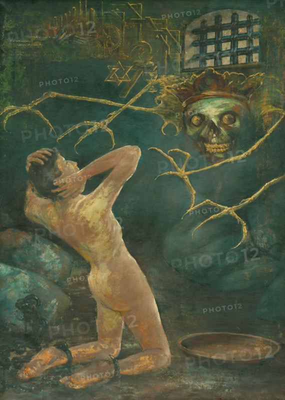 Totalitarianism, 1920. Nightmarish scene: a naked man in leg irons kneels before a vision of Death with outstretched claws. Symbols of Islam, Christianity and Judaism, and of the gallows, float above him.
