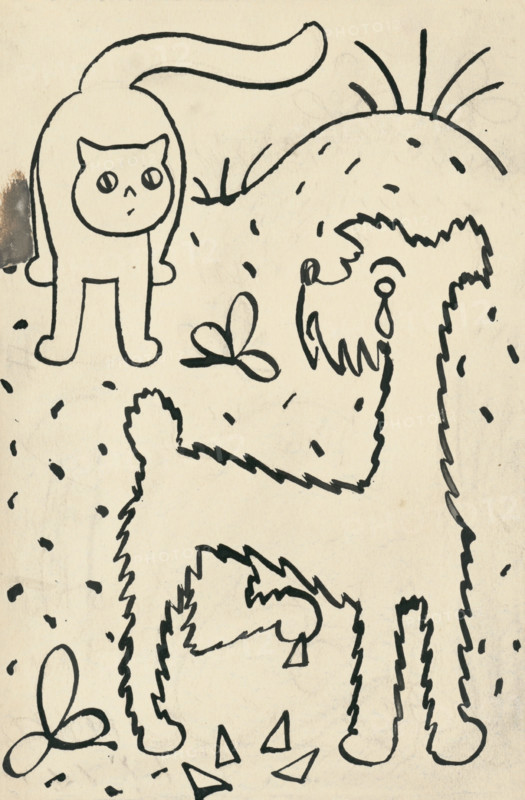 20. A story about a dog and a cat, around 1928. Additional Info: Illustrations for the book - Josef capek. Talking about a dog and a cat: how they farmed together and about all kinds of other things. [Prague] : Dr. O. storch-Marien, 1929.