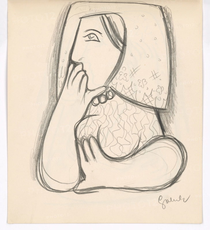 Woman in a flowered scarf with her chin supported, 1938.