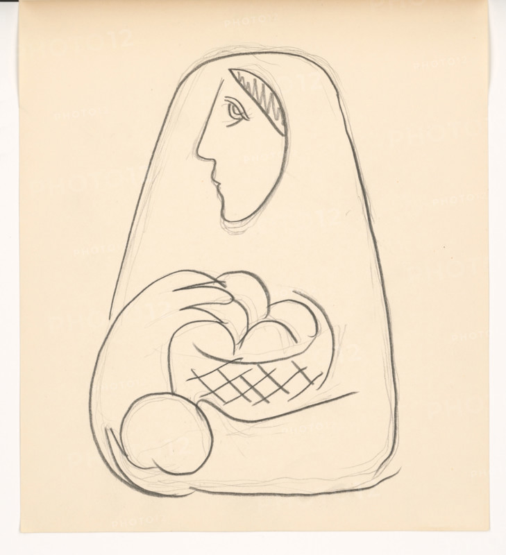 Woman with basket of fruit in her arms, 1938.
