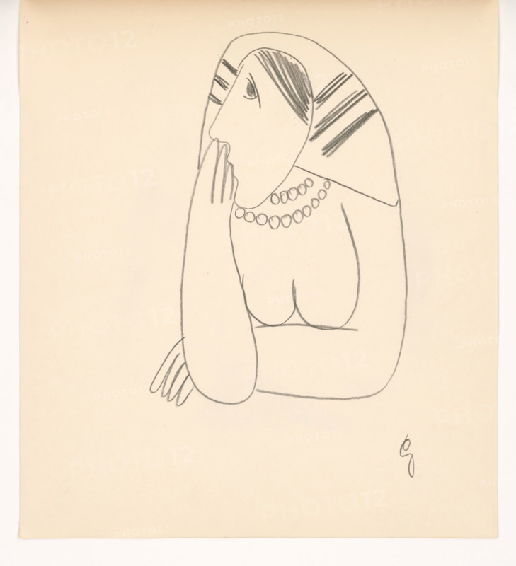 Woman in a striped scarf with her face supported, 1938.